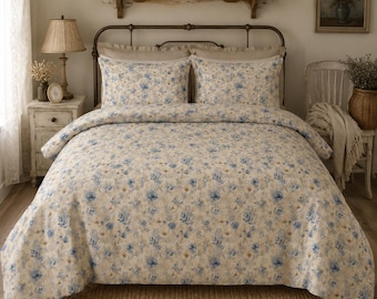 Vintage-Bettwäsche-Set aus Baumwolle mit blauem Blumenmuster | Bettwäsche im Cottagecore-Stil mit Blumenmuster
