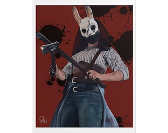 May include: A digital illustration of a person wearing a white rabbit mask with a red hood and holding an axe. The background is red with black splatters.