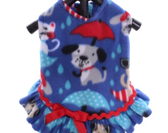 Dog Dress, Custom Made for Independence Day, Summer or Fall: Knit Ruffle Dress Features a White Stars on Red print knit fabric Dog Dress, Custom Made for Independence Day, Summer or Fall: Knit Ruffle Dress Features a White Stars on Red print knit fabric