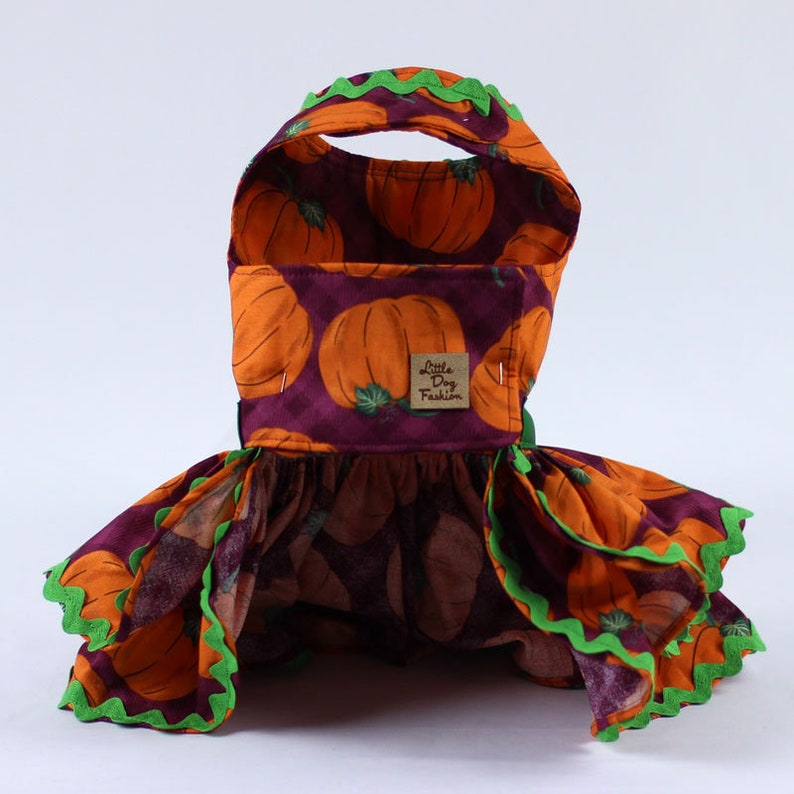 Dog Dress Features an Orange Pumpkin Print on Purple Background Custom Made Dog Harness Dress for Fall or Thanksgiving