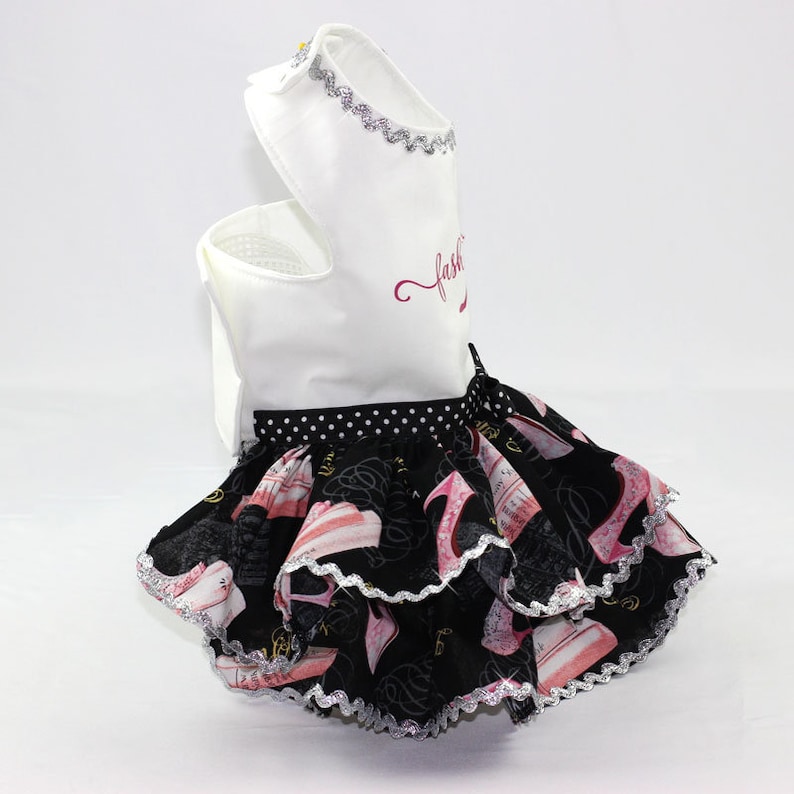 Custom Made: Dog Harness Summer Ruffle Dress featuring a Pink High Heels Print on Black Background Dog Dress Appliqued