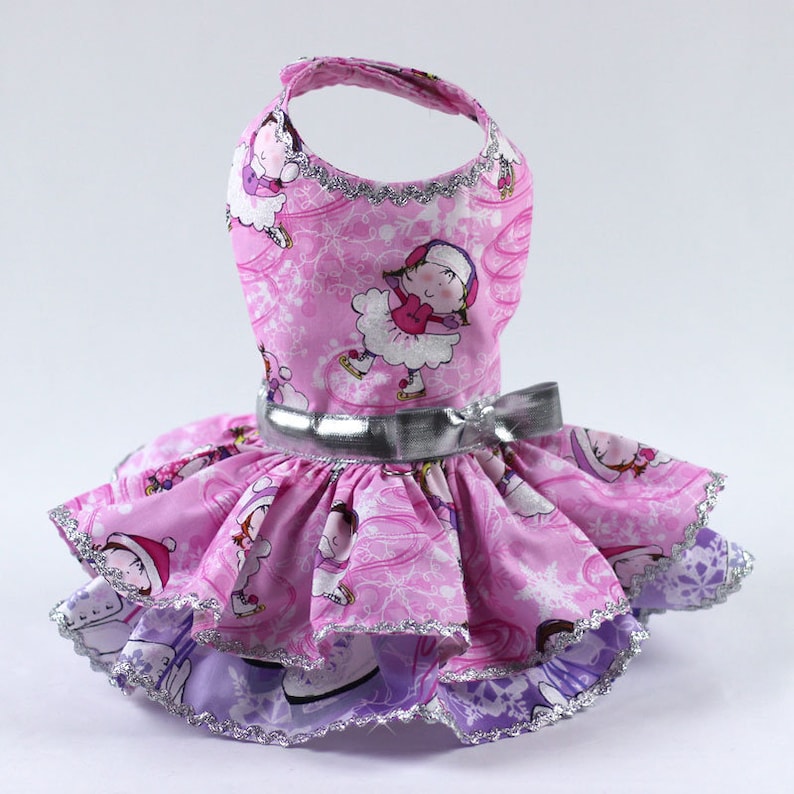 Harness Winter Ruffle Dress features a Skater Print on Pink and Purple Background Dog dress for the Christmas Holiday Custom Made