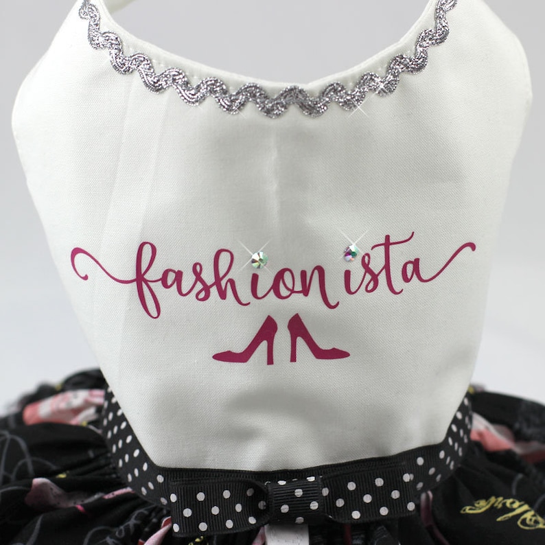 Custom Made: Dog Harness Summer Ruffle Dress featuring a Pink High Heels Print on Black Background Dog Dress Appliqued
