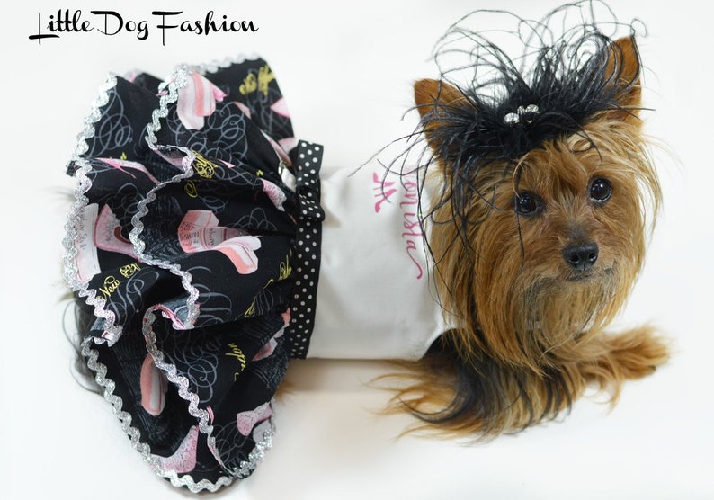 Custom Made: Dog Harness Summer Ruffle Dress featuring a Pink High Heels Print on Black Background Dog Dress Appliqued