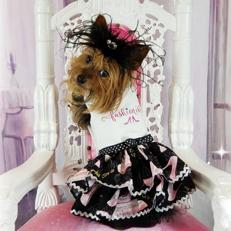 Custom Made: Dog Harness Summer Ruffle Dress featuring a Pink High Heels Print on Black Background Dog Dress Appliqued