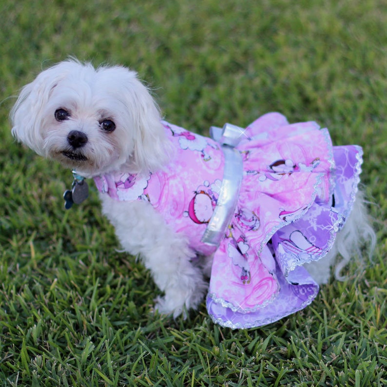 Harness Winter Ruffle Dress features a Skater Print on Pink and Purple Background Dog dress for the Christmas Holiday Custom Made