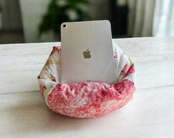 Romantic Paris fabric, hands free bean bag reading pillow, Ipad stand, tablet holder, book rest. Made in USA