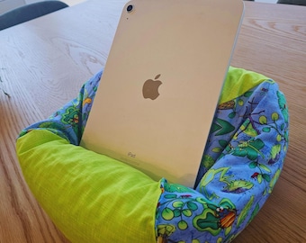 Frogs & Friends fabric reading pillow, hands free Ipad stand, tablet holder, book rest. Made in the USA