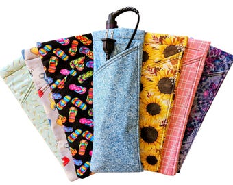 Heat Resistant Curling Iron/Flat Iron holder with Outer Pocket for Cord Storage, Handmade, Cotton Fabric. Made in USA