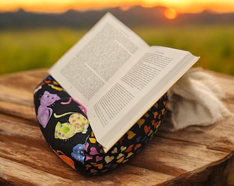 Colorful Cat Fabric, hands free bean bag reading pillow, iPad stand, tablet holder, book rest. Made in USA