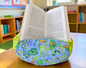 Frogs & Friends fabric reading pillow, hands free Ipad stand, tablet holder, book rest. Made in the USA