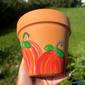 Könnte beinhalten: Ein Terrakotta-Blumentopf, der mit zwei orangefarbenen Kürbissen mit grünen Stielen und Blättern bemalt ist.