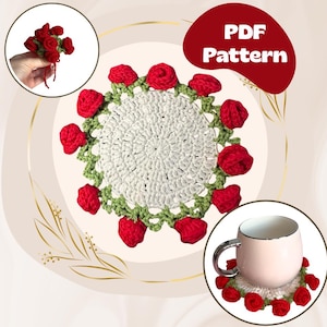Crochet Rose Coaster Pattern in English | Rose Flower Pot | PDF PATTERN | Mini Crochet Blooming Rose Bouquet | Coaster Pattern |