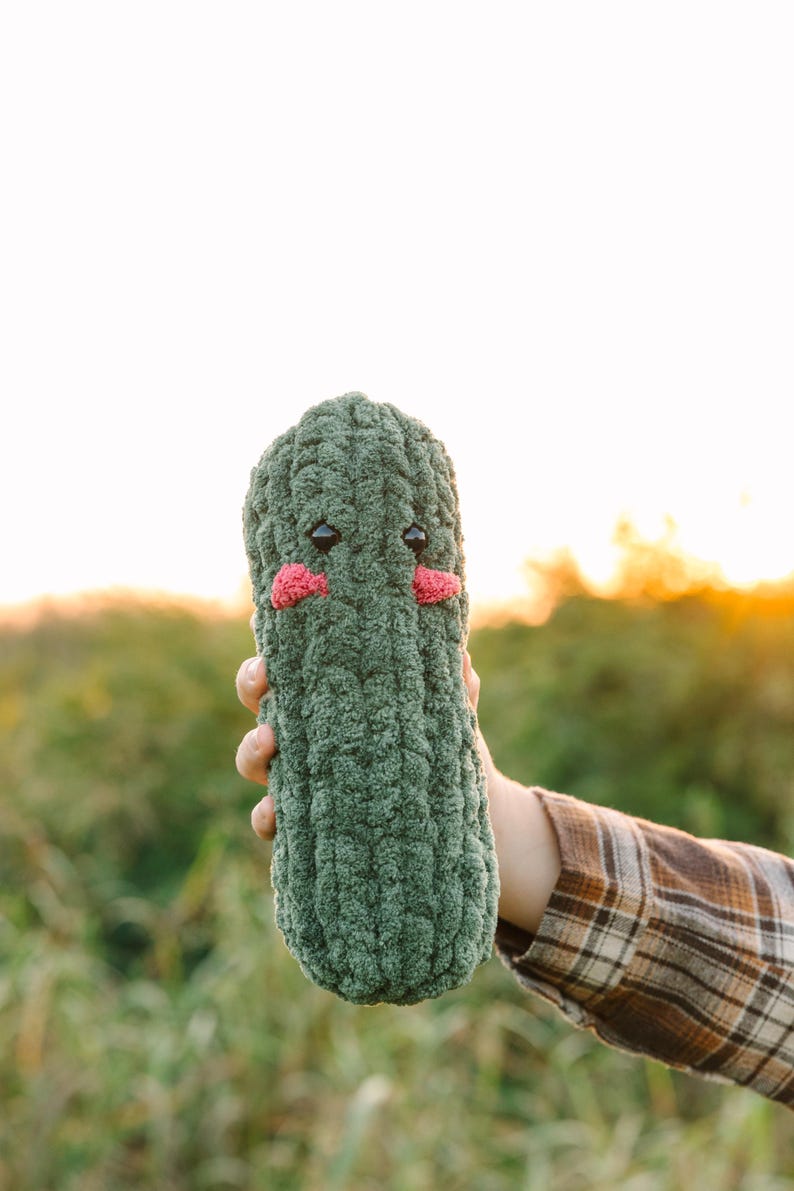 May include: A green crocheted plush toy shaped like a cucumber with a cute face. The toy has black eyes and pink cheeks.
