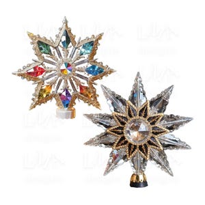 May include: Two decorative star-shaped Christmas tree toppers. One is gold with multi-colored crystals and the other is silver with a black center and a large crystal.