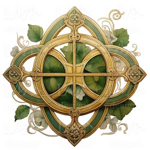 May include: A gold and green Celtic knot design with intricate details. The knot is surrounded by stylized leaves and flowers.