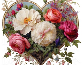 Peut inclure: Un bouquet de fleurs en forme de cœur, composé de fleurs roses, blanches et rouges avec des feuilles vertes. Les fleurs sont disposées en forme de cœur et sont entourées d'un cadre doré.