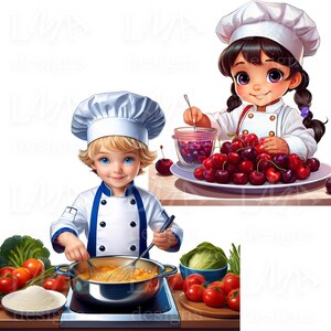 May include: Two children dressed as chefs are preparing food. One child is stirring a yellow mixture in a pot, while the other is adding cherries to a glass jar. Both children are wearing white chef hats and aprons.
