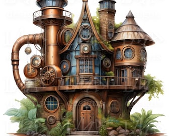 May include: A whimsical, steampunk-inspired house with copper pipes, gears, and windows. The house has a blue and brown exterior with a wooden door and a green roof.