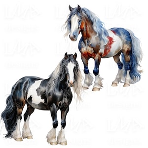 Pode incluir: Duas pinturas em aquarela de cavalos. Um cavalo é preto e branco com uma longa crina fluida. O outro cavalo é marrom, branco e azul com uma longa crina fluida. Ambos os cavalos têm patas brancas e emplumadas.