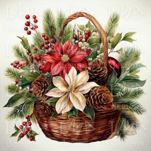 10 Beautiful Christmas Baskets of Flowers Clipart Images - Set 2