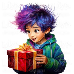 May include: A young person with blue and purple hair is holding a red gift box with a yellow bow. The person is wearing a blue and green jacket.
