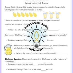 Może przedstawiać: Arkusz zadań z matematyki zatytułowany Restaurant Ratios: Lemonade - Unit Rates. Strona zawiera tekst, puste linie na odpowiedzi, ilustracje cytryn i szklanek lemoniady oraz centralną grafikę żarówki z napisem More Core Memories.