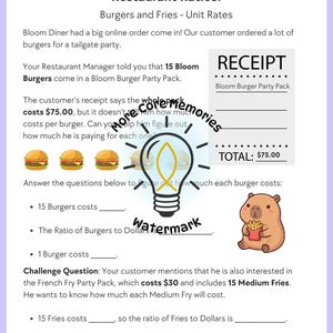 Może przedstawiać: Arkusz zadań z matematyki zatytułowany Restaurant Ratios: Burgers and Fries - Unit Rates. Zawiera tekst o Bloom Diner, paragon za Bloom Burger Party Pack na kwotę 75,00 USD, ilustracje burgerów, ikonę żarówki oraz rysunek kapibary jedzącej frytki.
