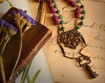 Storyteller Collection | The Orchid House. Gemstone & Skeleton Key Statement Necklace.