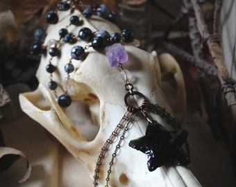 The Dark Star. Beaded Obsidian Pendant Necklace.