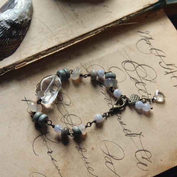Spirit of the Water. Beaded Gemstone, Wood & Fossilized Coral Bracelet.