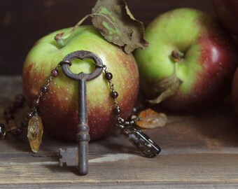 Storyteller Collection | The Return to Ravenbough Necklace. Skeleton Key & Gemstone Beaded Necklace.