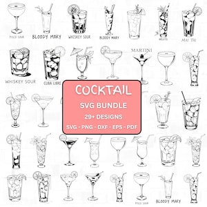 Hand Drawn Cocktail Illustrations, Classic Cocktails SVG, Signature Drink Clipart, Line Art Drink Clipart, Wedding Cocktails Png