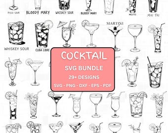 Hand Drawn Cocktail Illustrations, Classic Cocktails SVG, Signature Drink Clipart, Line Art Drink Clipart, Wedding Cocktails Png