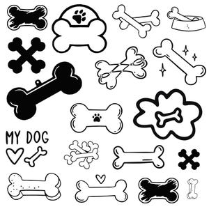 Puede incluir: Una ilustración en blanco y negro de varios artículos con temática de perros, incluidos huesos, un collar de perro, un cuenco para perros y una huella de pata. El texto "MY DOG" también está incluido en la imagen.