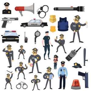 Pode incluir: Um conjunto de ilustrações de desenhos animados coloridos de policiais, carros da polícia e equipamentos policiais. As ilustrações incluem um policial com um megafone, um policial com algemas, um policial com uma lanterna, um policial com uma arma de fogo, um carro da polícia, um distintivo da polícia, um colete à prova de balas e um chapéu de polícia.
