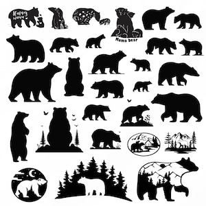 Peut inclure: Une collection d'illustrations d'ours en silhouette noire. Les ours sont dans diverses poses, y compris debout, assis, marchant et en train de se câliner. Le texte "Happy Mama" et "Mama Bear" est inclus dans l'image.