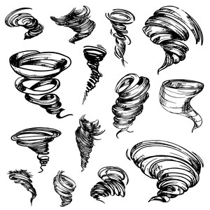 Puede incluir: Un conjunto de 14 dibujos en blanco y negro de tornados. Los tornados están dibujados en una variedad de estilos, algunos son más realistas, mientras que otros son más estilizados. Los dibujos están todos sobre un fondo blanco.