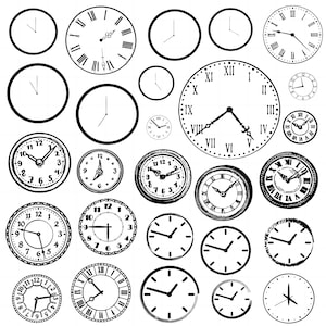 May include: A collection of black and white clock faces with Roman numeral markings. The clocks are various sizes and styles, some with hands and some without.