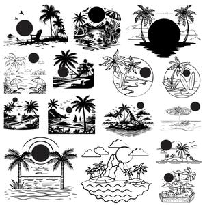 Beach Scene svg Bundle, Beach Scene Clipart, Summer Vector, Palm tree Decal, sunset beach Cut Files, Beach Scene Silhouette.