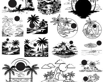 Beach Scene svg Bundle, Beach Scene Clipart, Summer Vector, Palm tree Decal, sunset beach Cut Files, Beach Scene Silhouette.