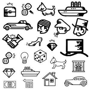 Pacchetto Clipart Monopoly Svg Cricut, Silhouette dei simboli del Monopoly, File di taglio per decalcomanie, disegni e personaggi del gioco Monopoly.