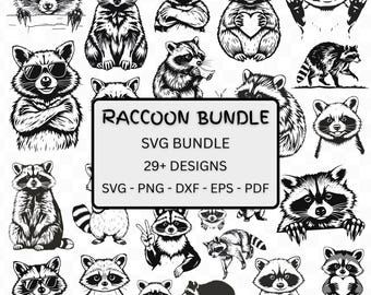 Paquete de diseños de mapaches, adorable colección de imágenes prediseñadas de mapaches, archivos PNG y SVG para arte digital, SVG de animales, pegatinas y manualidades con temática de bosque.