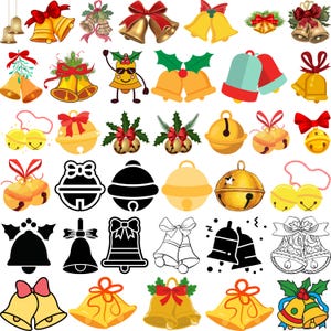 May include: A collection of 30 different bell illustrations in various styles, colors, and designs. Some bells are cartoonish, while others are more realistic. The bells are all in a white background.