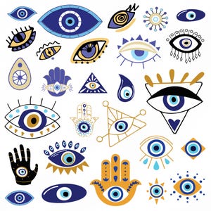 May include: A collection of colorful illustrations of the evil eye, hamsa hand, and other protective symbols. The symbols are drawn in a variety of styles, including geometric, abstract, and realistic.