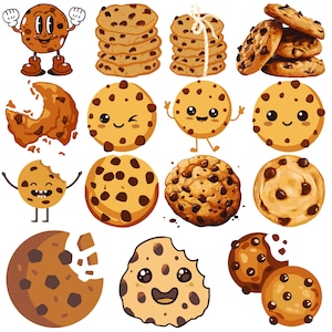 Può includere: Una collezione di biscotti al cioccolato con gocce di cioccolato di cartoni animati con diverse espressioni. Alcuni biscotti sono interi, mentre altri sono rotti o mancano di un morso. Alcuni biscotti hanno occhietti e un viso sorridente.