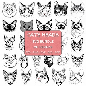 Cat Head SVG Bundle, Cat Clipart PNG for cat lover, Complete Cat Breeds, Cat Silhouette Bundle for Cricut, Instant Download, PNG