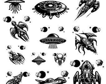 Ufo svg Bundle, Aliens UFO Clipart, UFO Vector, Alien Decal, Space Ufo Cut Files, Ufo Silhouette.