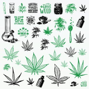 Könnte beinhalten: Schwarz-grüne Illustrationen von Marihuanablättern, Bongs, Gläsern und anderen Cannabis-bezogenen Gegenständen. Der Text "Love Weed" erscheint im Bild.