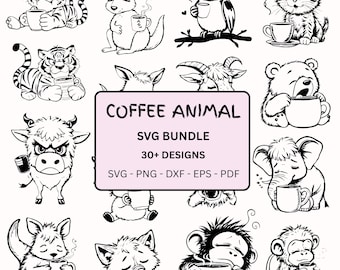 Coffee SVG Animal Bundle, PNG pdf and dxf Files Instant Download, cutter and laser engraving files Funny Animal, kawaii Tired animal clipart